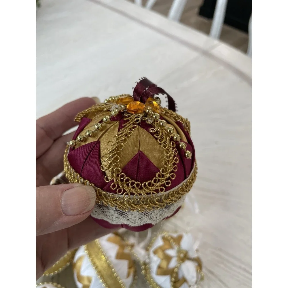 Vtg Handmade Folded Star Quilted Fabric Christmas Ornaments Gold White Lot of 10